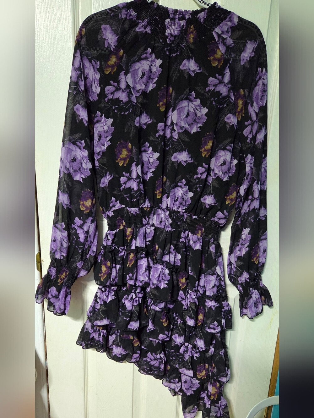 Purple Floral A Symetrcal Long Sleeve Dress